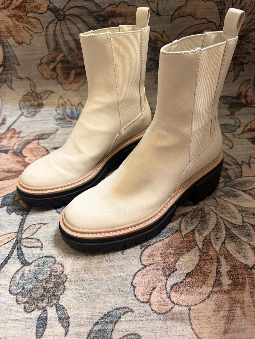 Cream Leather Chelsea Lug Boots with Contrast Sole